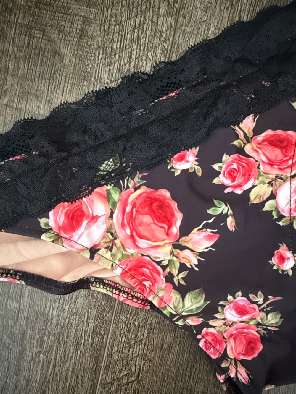 Black Floral Lace Bikini Bottoms with Pink Roses - Picture 2 of 5